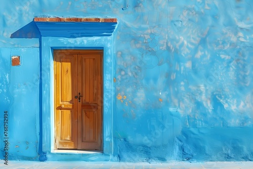 Vibrant Mediterranean-Style Blue House with Rustic Wooden Door on Sunlit Background © Mickey