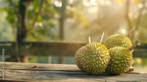 Vibrant Durian Fruit Centerpiece on Rustic Wooden Table in Tropical Southeast Asian Setting photo