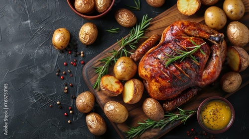 Wooden Cutting Board With Meat and Potatoes