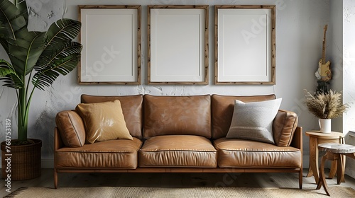 Interior Design with Leather Sofa and Blank Frames. Modern Living Space Featuring Luxurious Leather Couch and Triptych of Blank Art Frames