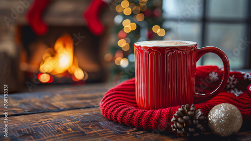 Red Coffee Mug on Wooden Table