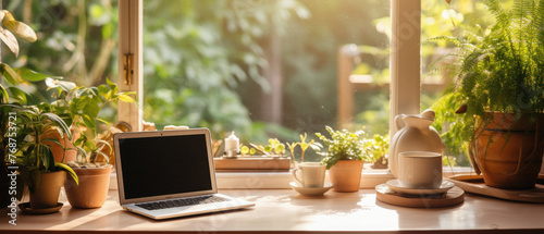 Laptop with blank screen on a wooden table in the garden .