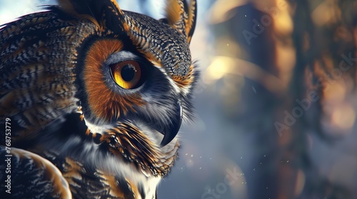 Great Horned Owl staring with golden eyes