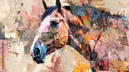 A modern painting with abstract elements, metal elements, texture backgrounds, animals, and horses.