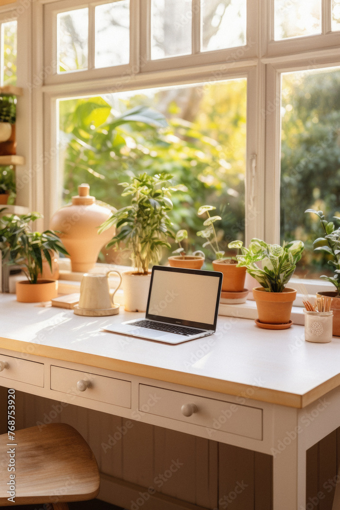 Laptop on table with houseplants in pots on windowsill
