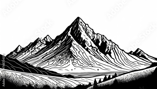 One continuous line drawing of mountain range landscape. Web banner with mounts in simple. Generative AI.