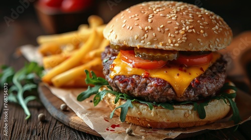 Cheeseburger With Fries on Wooden Table