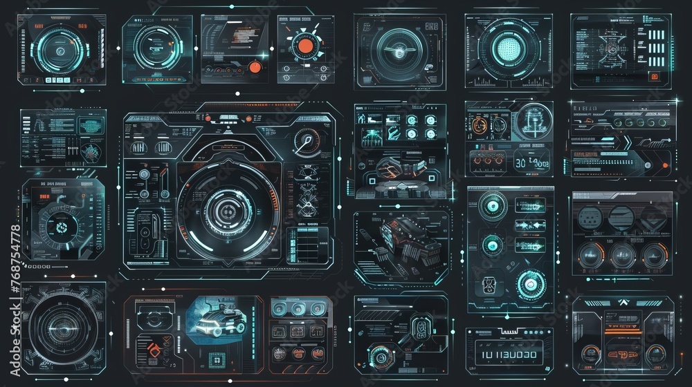 A collection of HUD frames, encapsulating futuristic modern user interface elements, control panels, high-tech screen digital hologram windows, gaming menus, and more