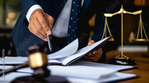 Male lawyer or judge working with documents and gavel in courtroom  law and justice concept