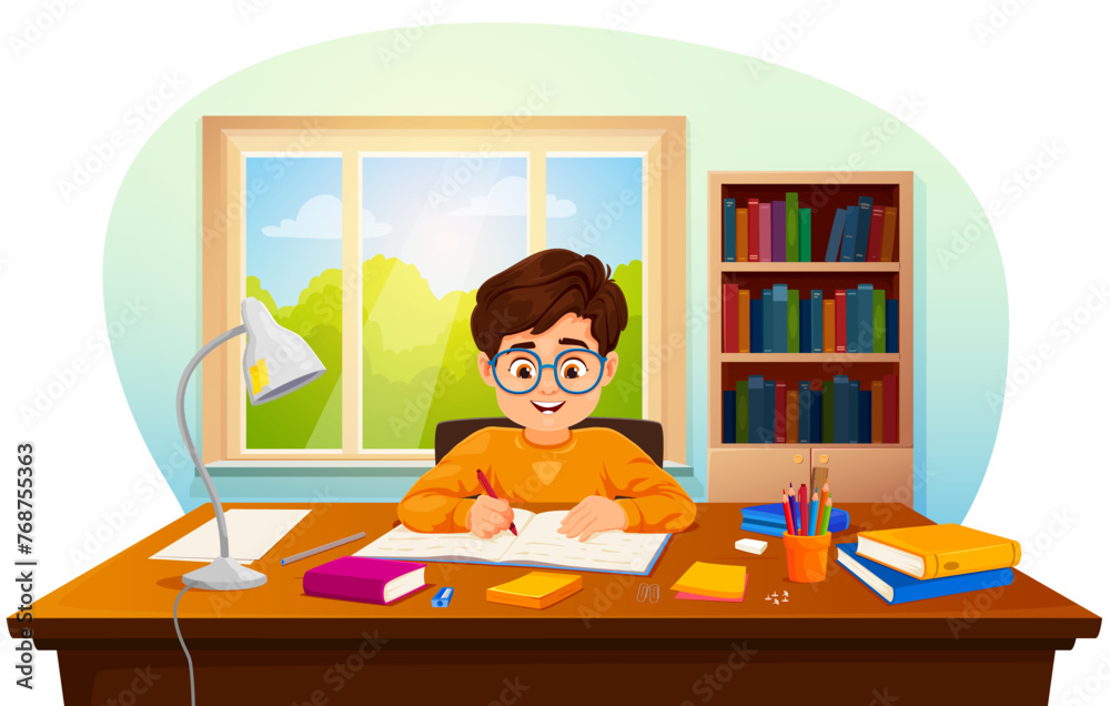 Cartoon boy kid makes homework or funny pupil studying lessons, vector child student. Boy kid in eyeglasses making school homework, sitting at table desk with books and writing in copybook - obrazy, fototapety, plakaty 