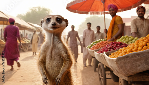 A cartoon meerkat of the Limur species at an Indian market among the fruit stalls in Indian clothing. Trades in spices and spices