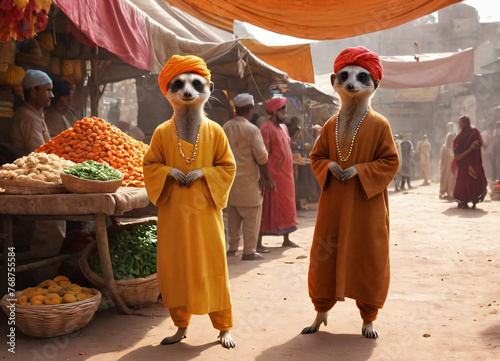 A cartoon meerkat of the Limur species at an Indian market among the fruit stalls in Indian clothing. Trades in spices and spices