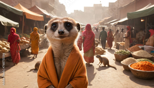 A cartoon meerkat of the Limur species at an Indian market among the fruit stalls in Indian clothing. Trades in spices and spices photo