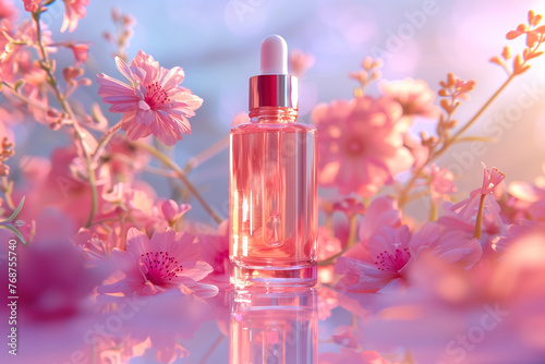 Face serum bottle or dropper glass bottle mock-up. Сosmetic oil with pipette with pink flowers.