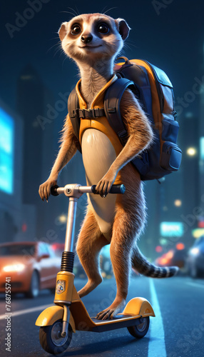 A cartoon meerkat from the Limur species on a scooter with a backpack on its back rides through the city at night photo