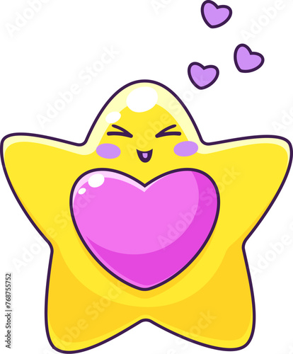 Cartoon star kawaii character with love heart kisses and hugs, vector cute personage. Funny twinkle star emoji or kawaii emoticon with heart kisses for kids mascot or cheerful cartoon character