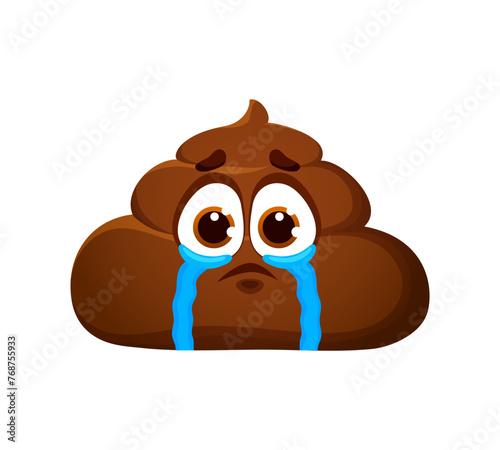 Crying poop cute cartoon emoji or character. Poo cute emoticon, poop funny isolated vector emoji or toilet shit cartoon character. Stinky excrement sad personage crying with tears