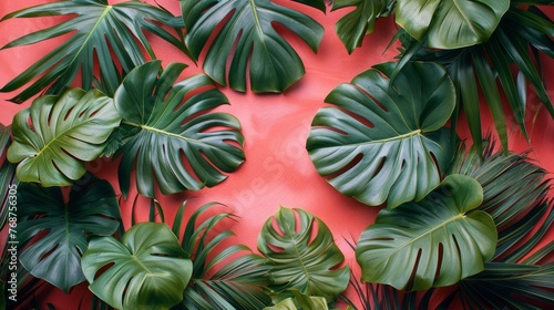 Green Leaves on Red Surface