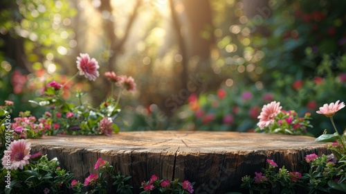 Tree Stump Surrounded by Flowers and Trees