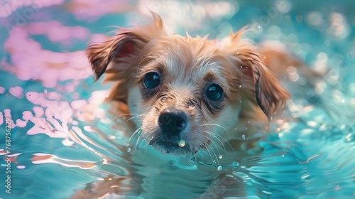 A puppy swimming across the wide water, light blue and aquamarine, bright colors. For posters, covers, background, pet