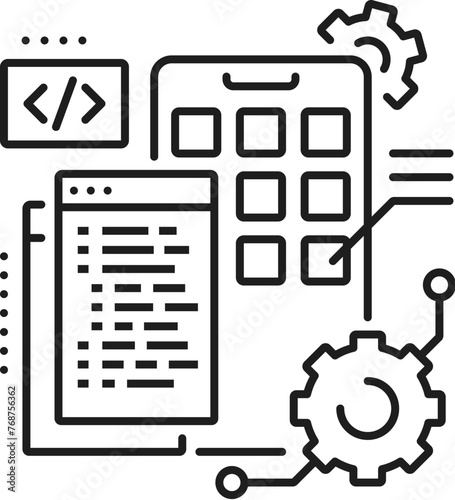 Mobile app developer IT specialist icon of digital technology software, line vector. Mobile application developer or IT business specialist in UI and UX programming and mobile media development