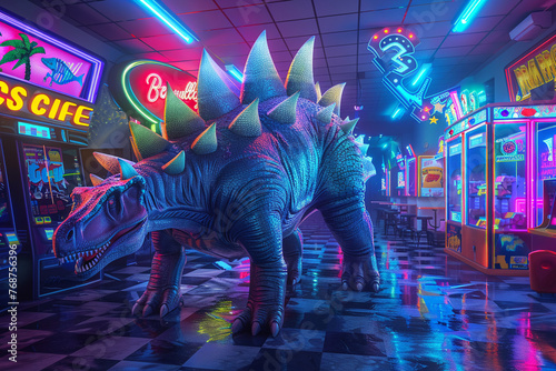 Stegosaurus with VR, in a neon-lit arcade, dynamic lighting, three-quarter view, 3D surreal art photo