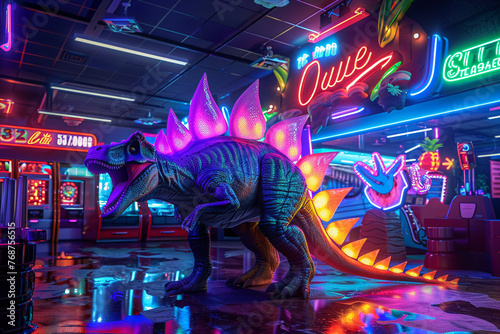 Stegosaurus with VR, in a neon-lit arcade, dynamic lighting, three-quarter view, 3D surreal art photo