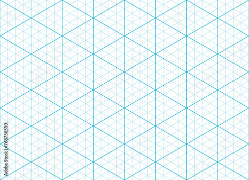 Blue isometric paper grid pattern, isometric triangular mesh background. Vector blueprint for architecture and design projects. Seamless guide for engineering or mechanical layout drawing or sketching