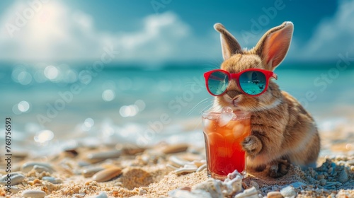Rabbit Wearing Sunglasses Drinking on Beach