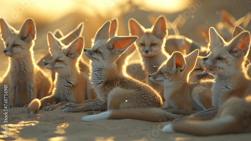 Fennec family sitting in the desert with setting sun shining. Group of wild animals in nature.