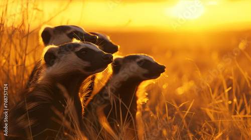 Honey badgers in the savanna in the evening with setting sun shining. Group of wild animals in nature. photo