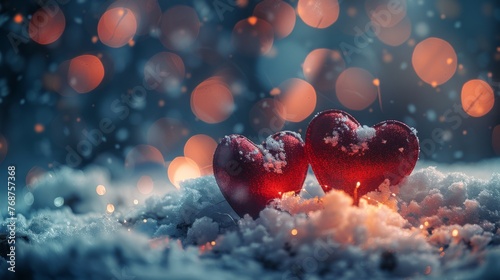 Two Red Hearts on Snow-Covered Ground