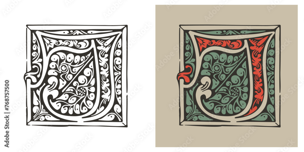 J letter medieval Gothic initial illuminated by foliage ornament. Engraved German drop cap. Dark age hand painted emblem. Classic Latin alphabet font based on XV century embellishment manuscript.