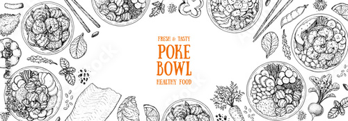 Poke Bowl frame. Hawaiian Food top view vector illustration. Food menu design template. Hand drawn sketch. Vintage style. photo