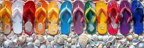 Colorful display of flip-flops arranged in a rainbow spectrum against a backdrop of white sand and seashells, capturing the essence of summer footwear created with Generative AI Technology	 photo