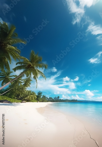 Strand mit Palmen und blauem Meer, Banner im Hochformat, Social Media, Stories, Urlaub, erstellt mit generativer KI