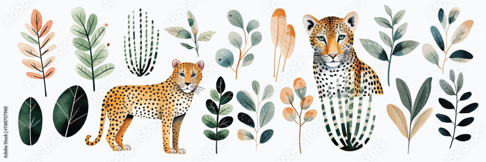 Fototapeta premium Watercolor Tropical floral set with leaves, jungle flowers and leopard
