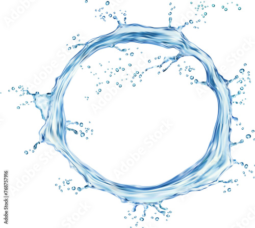 Round circle liquid water splash. Realistic 3d vector circular frame or wave with scatter. Blue transparent border, dynamic aqua twister in motion. Isolated whirl stream splashing, fresh clear drink