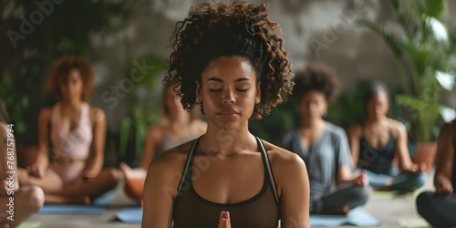 Diverse Group Practicing Mindfulness and Deep Breathing for Mental Health and Stress Relief in a Studio. Concept Mindfulness Practice, Mental Health, Deep Breathing, Stress Relief, Diverse Group