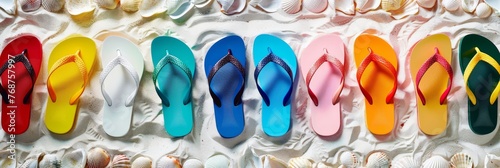 Colorful display of flip-flops arranged in a rainbow spectrum against a backdrop of white sand and seashells, capturing the essence of summer footwear created with Generative AI Technology 