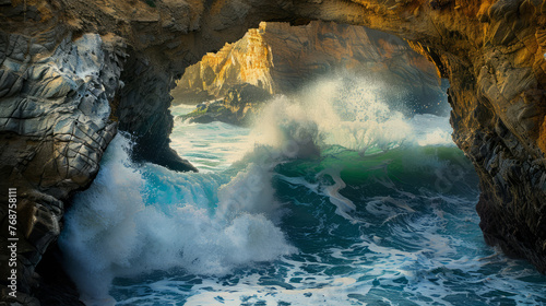 A breathtaking scene of the sun streaming into a sea cave, with turbulent emerald waves crashing within