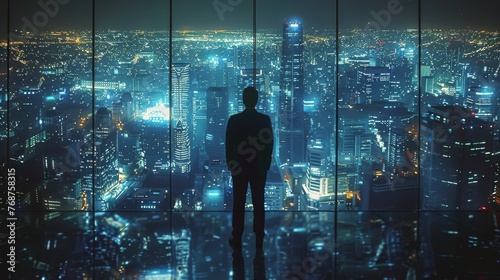 Man Observing Cityscape at Night