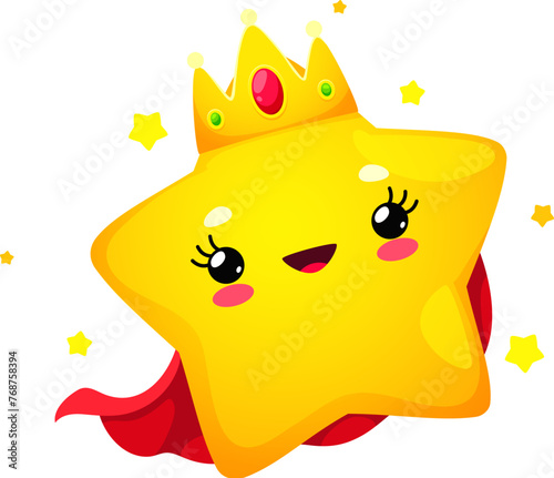 Cartoon cute cheerful kawaii star and happy twinkle character in golden crown and a vibrant red cape. Isolated vector joyful toon personage radiates pure delight and cuteness, light up celestial world
