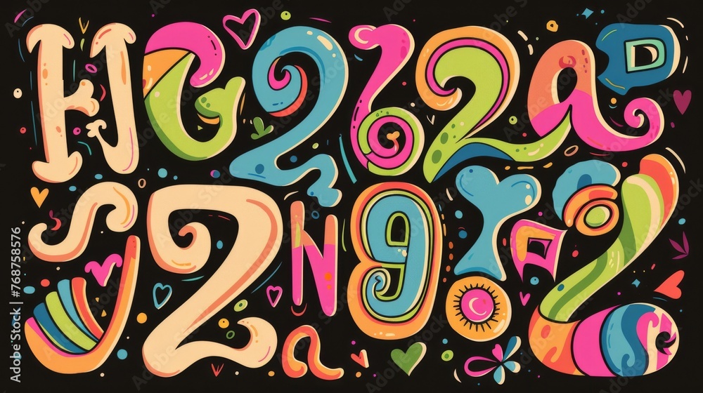 The alphabet is in Y2K style with letters and numbers from the 1960s boho psychedelic era. Uses include social media, web design, posters, collages, clothing, and music albums.