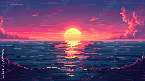 A pixel art rendition of a dither ocean texture, characterized by 8-bit style noise, serves as a backdrop, echoing the vintage aesthetic of retro console games within a vector illustration photo