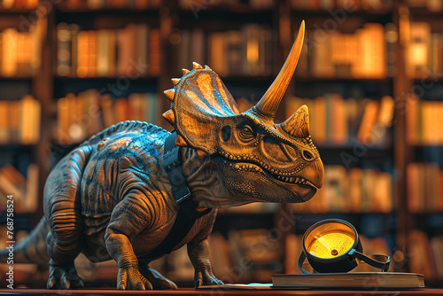 Triceratops examining VR gadget, warm lit library background, high-angle, soft-realism render