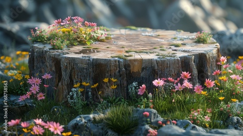 Tree Stump Surrounded by Flowers and Trees