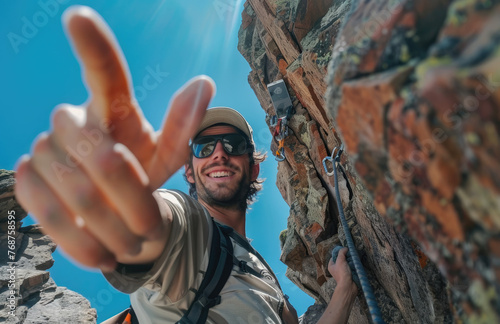 climber with sunglasses taking selfie while climbing mountain, helping friend on rope and reaching out hand to camera, outdoor sport concept