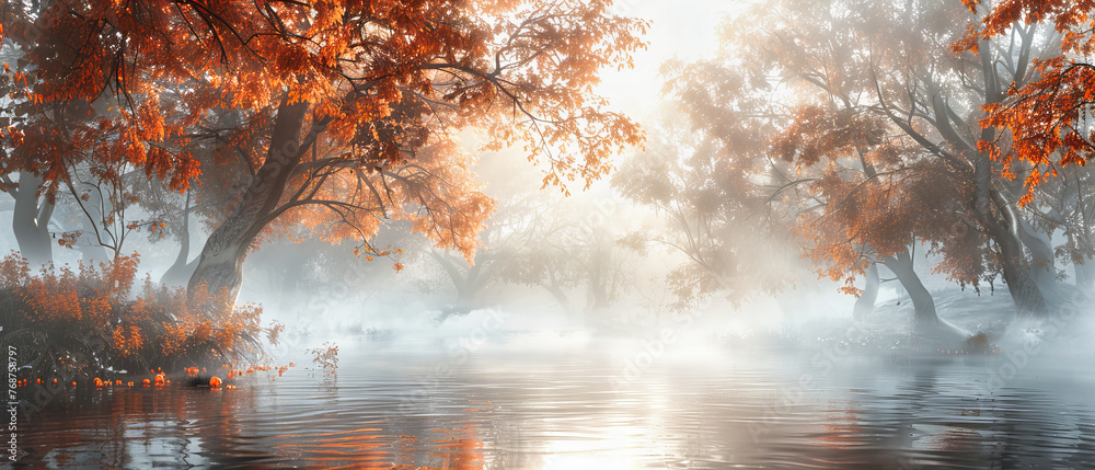 Misty Autumn River Landscape: Serene Reflections and Foggy Forest at Sunrise, Peaceful Nature Scene