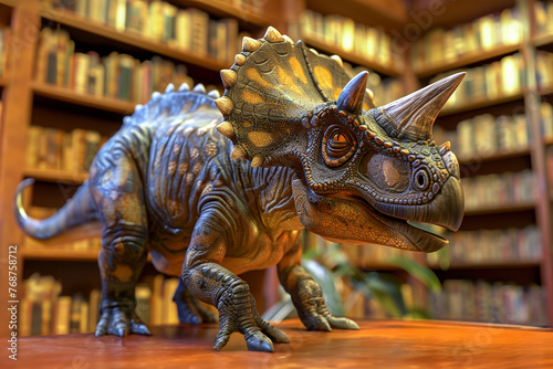 Triceratops examining VR gadget  warm lit library background  high-angle  soft-realism render